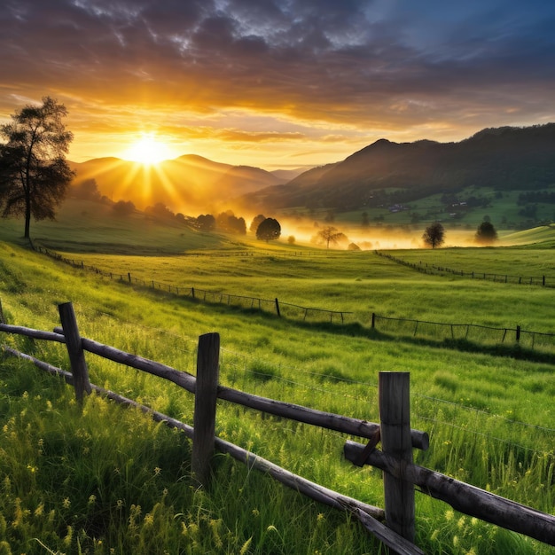 Sunrise against the backdrop of a field with grass