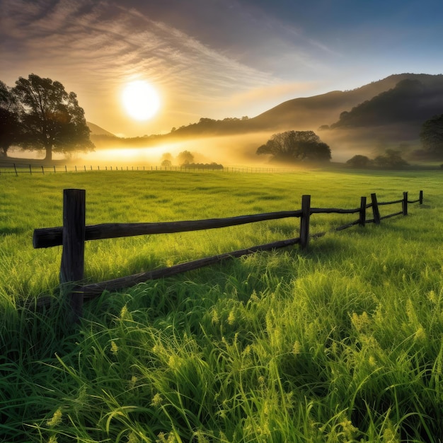 Sunrise against the backdrop of a field with grass