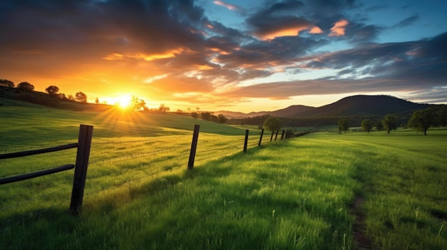 Восход солнца на фоне поля с травой