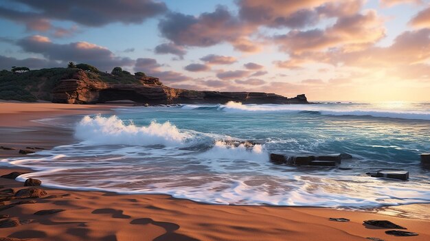 Восход солнца над удивительным пляжем 3D Фотореалистичный хайп