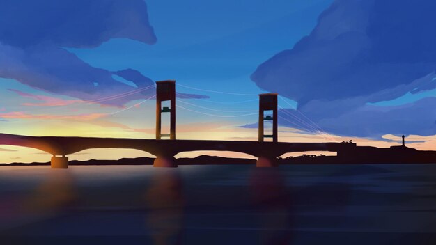 Foto l'alba sul ponte di ampera a sud di sumatra illustrazione del paesaggio dell'anime