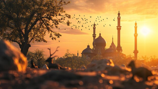 Sunrise Aura over Grand Mosque with Birds Taking Flight