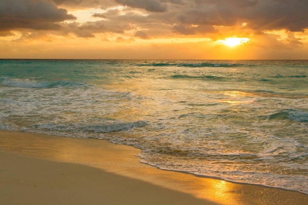 Sunrise over the beach on Caribbean Sea.
