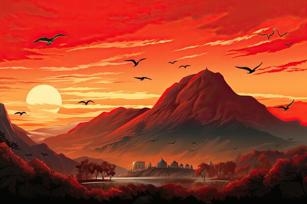 At sunrise birds fly over a mountain silhouette generative ai