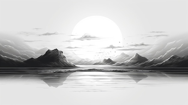 Sunrise Over Black And White Landscape Vector Illustration