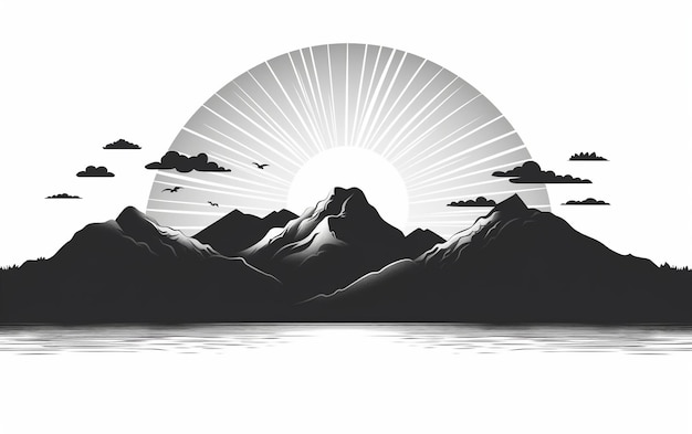 Photo sunrise black and white outline icon generative ai