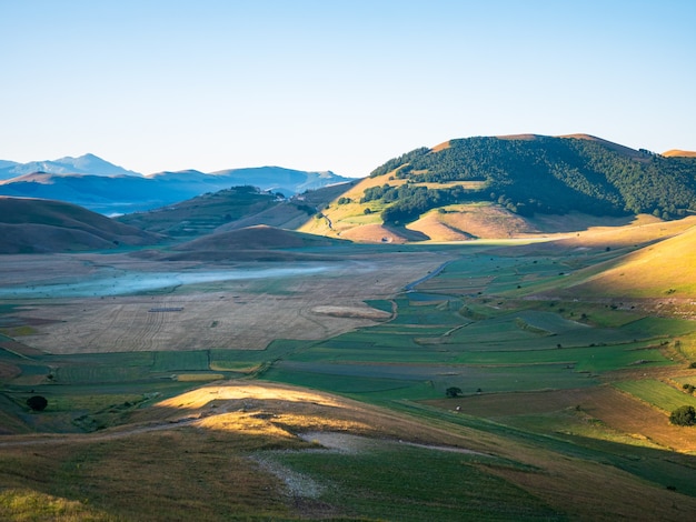 Sunrise over blooming cultivated fields, famous colourful flowering plain in the Apennines, Castelluccio di Norcia highlands, Italy. Agriculture of lentil crops.