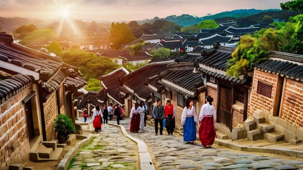 Photo sunrise of bukchon hanok village in seoul