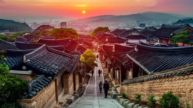 Photo sunrise of bukchon hanok village in seoul