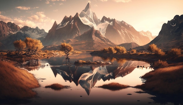 a sunrise on a calm mountain lake with mirror reflection