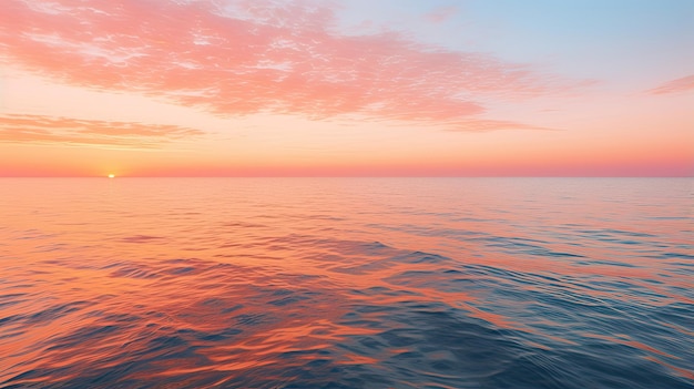 Sunrise over a calm ocean horizon with hues of orange and pink