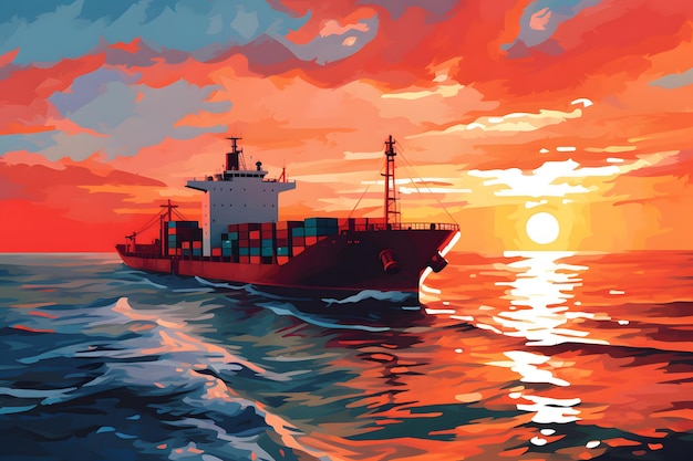 sunrise cargo ship in ocean