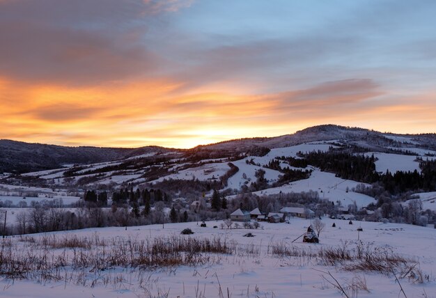 Sunrise Carpathian mountain winter landscape (Ukraine)