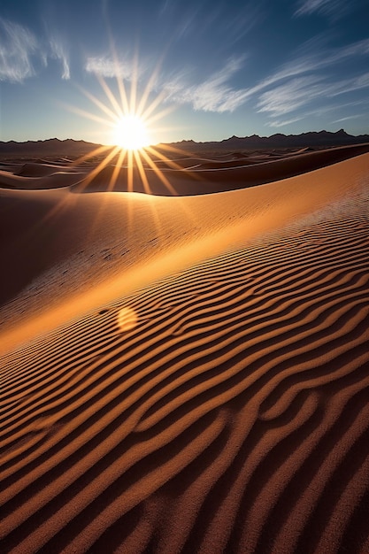 Sunrise casting shadows on desert sand dunes created with generative ai