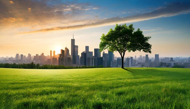 Sunrise Cityscape Skyline Green Grass and a Tree