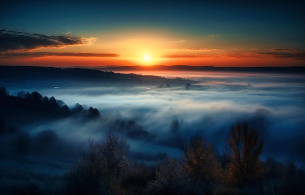 Photo sunrise over clouds above fog and fog