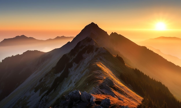 Sunrise over clouds of high mountains in a mountain landscape