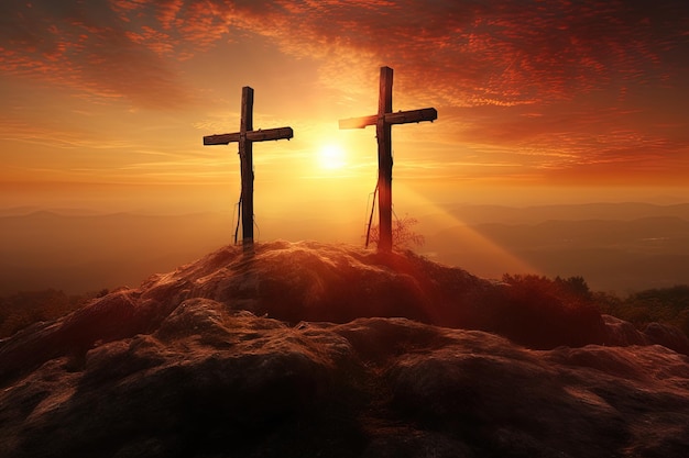 Sunrise crucifixion of Jesus Christ three crosses on hill