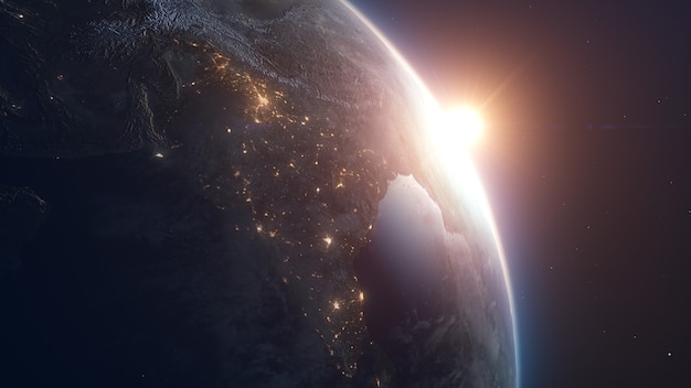 Sunrise over Earth Realistic earth with night lights from space