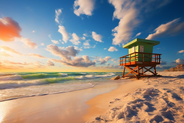 Восход солнца охватывает Южный пляж Майами с башней спасателей, яркими облаками и голубым небом.