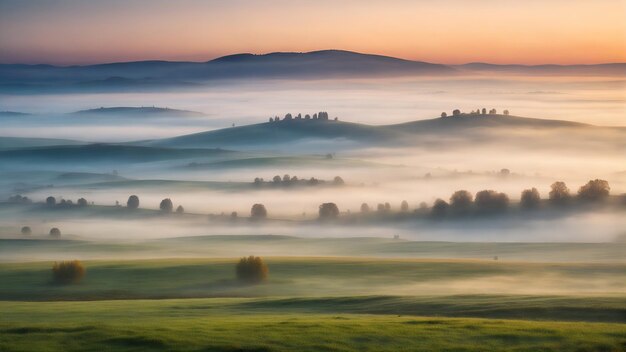 Foto alba sul campo bellissimo paesaggio di campagna mattina d'estate nebbia colline ondulate sfondo foto