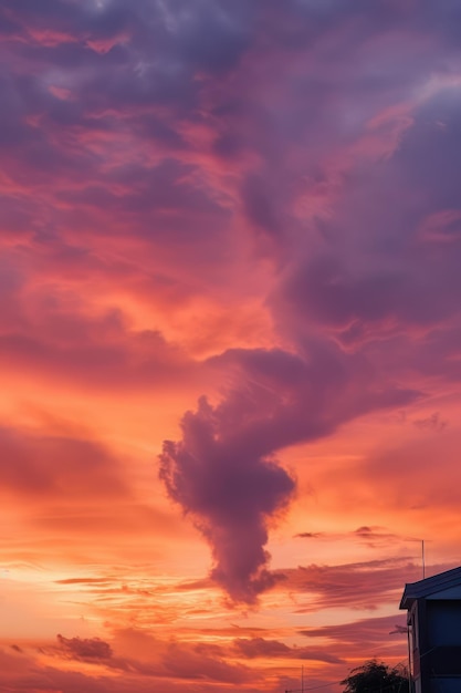 A sunrise over a field of clouds and grass in the style of light orange and dark magenta