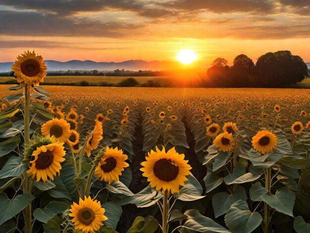 A sunrise over a field of sunflowers