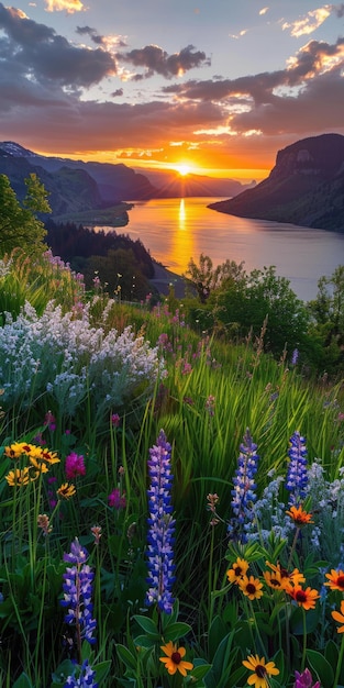 Sunrise and flowers colorful wildflowers at columbia river gorge washington landscape