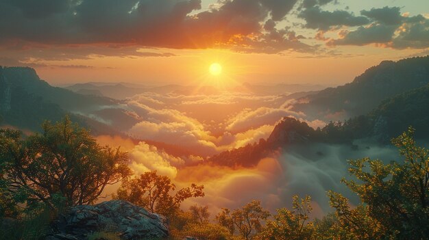 Photo sunrise over a fogcovered valley background