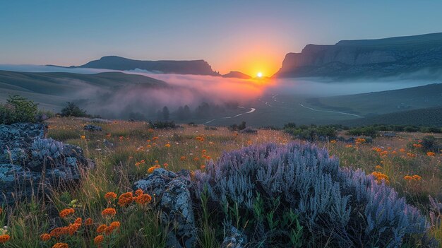 Photo sunrise over a fogcovered valley mountains background