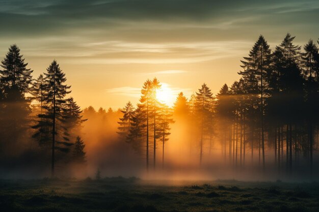 Sunrise over a foggy forest landscape