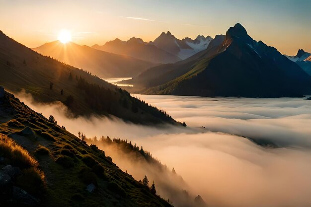 Sunrise over a foggy valley with mountains and clouds.