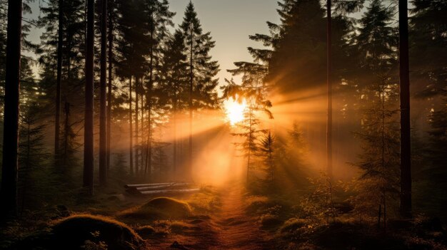 Foto l'alba nella foresta in stile antti lovag con nebbia e raggi di dio