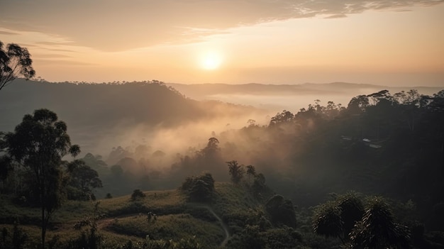 Sunrise over the forest and the fog