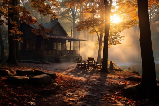 Foto l'alba su un paesaggio forestale con fogliame d'autunno