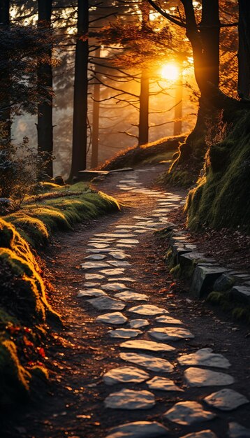 Sunrise in forest landscape with grass and clouds