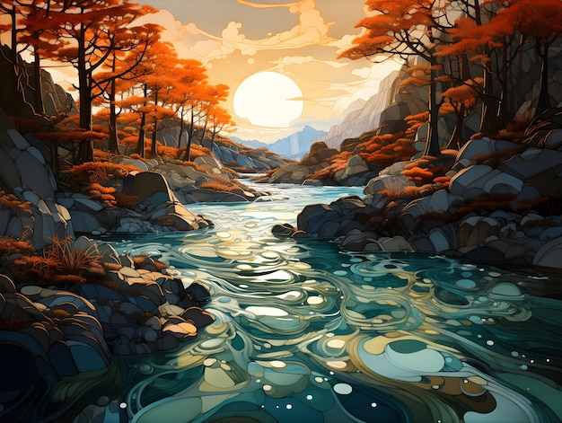 Sunrise on a forest with river and mountains background illustration