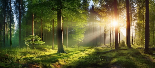 Sunrise in the Forest with Sunbeams in Artistic Style