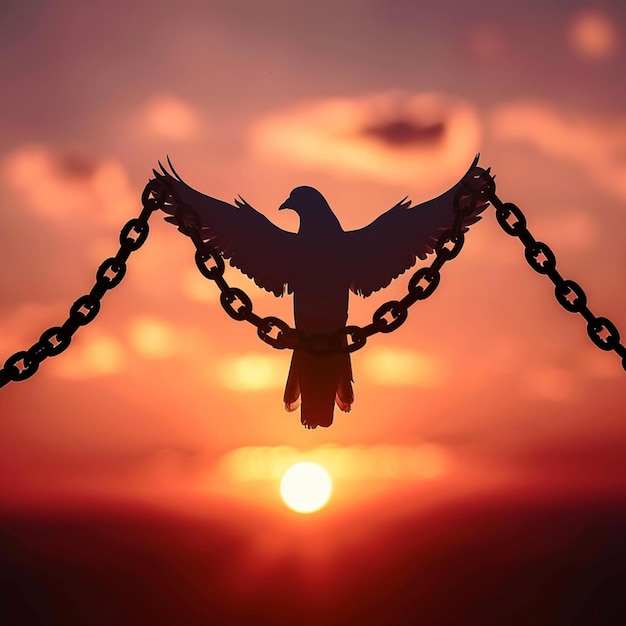 Sunrise freedom Pigeon shadow breaks free from human arm chains symbolizing liberation For Social M