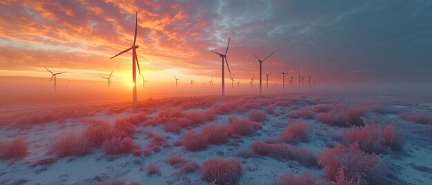 Sunrise over frostcovered terrain photographed from above with wind turbines