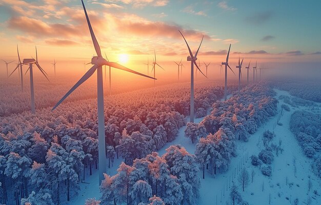 Sunrise over frostcovered terrain photographed from above with wind turbines