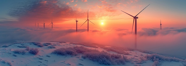 Sunrise over frostcovered terrain photographed from above with wind turbines