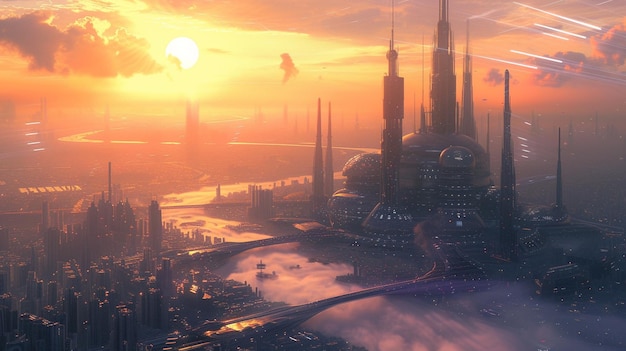 Sunrise Over A Futuristic City With Background Wallpaper