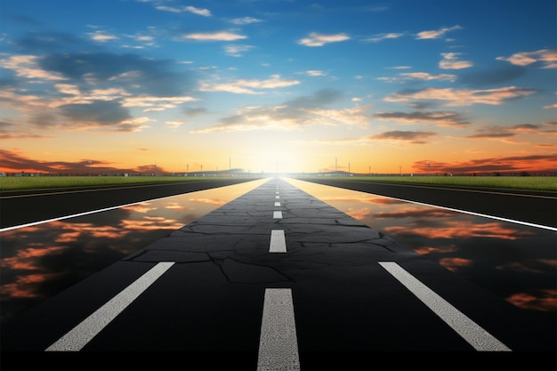 Sunrise graces the airport runway evoking the spirit of travel