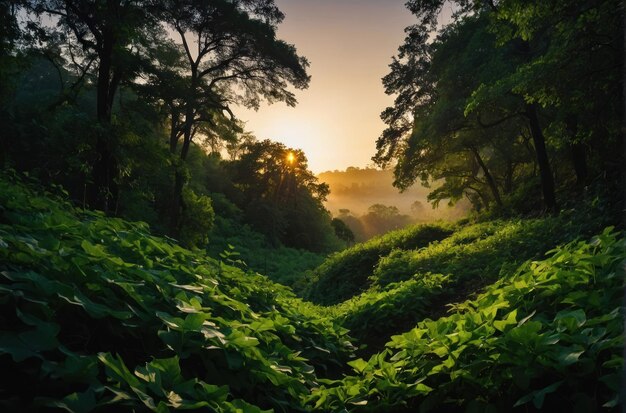 sunrise green leafy forest