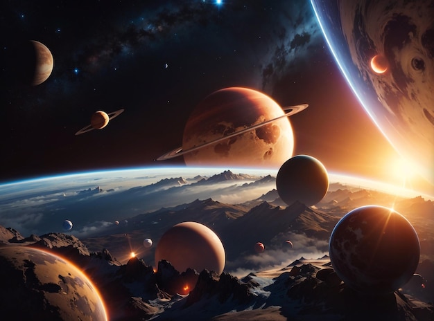 Sunrise Over Group of Planets in Space