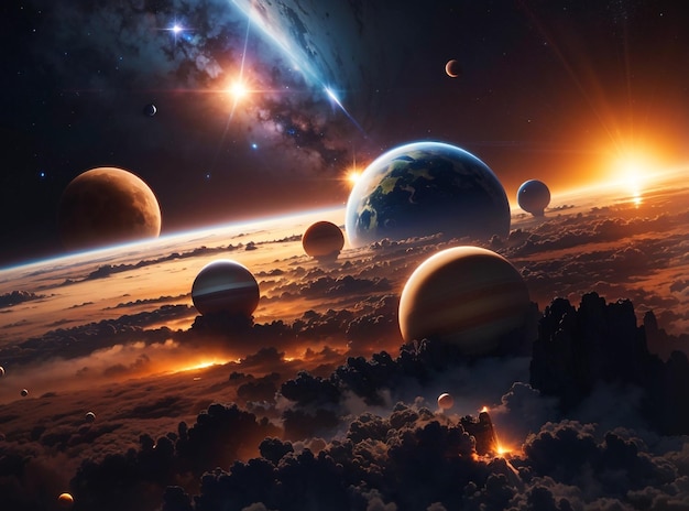 Sunrise Over Group of Planets in Space