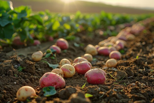 Photo sunrise harvest fresh potatoes on rich soil