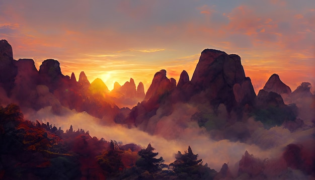 Sunrise at the Huangshan mountains