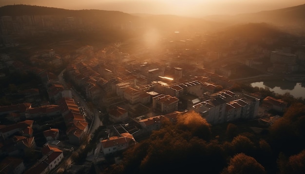 Sunrise illuminates urban skyline beauty in nature generated by AI